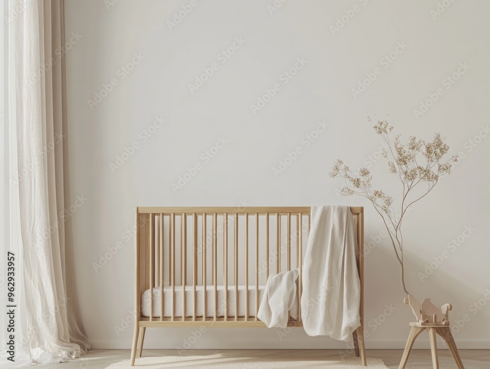 A clean and minimalist background with a baby crib, ideal for baby product promotions A clean and minimalist background with a baby crib, ideal for baby product promotions