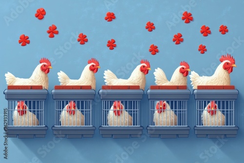 Rows of chickens in tiny cages, illustrated with harsh lines and muted colors to convey confinement, emphasizing the impact of factory farming on animal welfare. photo