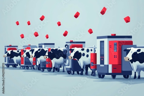 Stylized rows of cows attached to machines, sharp geometric lines depict the dehumanizing nature of factory farming, illustrating the industrial treatment of livestock. photo