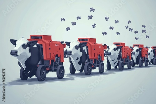 Stylized rows of cows attached to machines, sharp geometric lines depict the dehumanizing nature of factory farming, illustrating the industrial treatment of livestock. photo