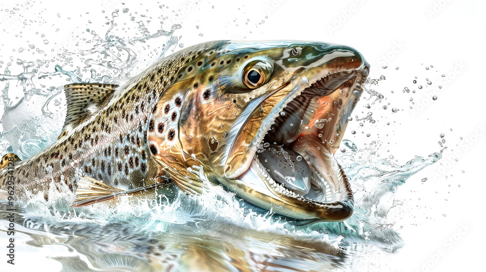Splashes erupt as an angry trout bursts from the water, showcasing its vibrant colors and fierce expression in a captivating moment of nature Splashes erupt as an angry trout bursts from the water, showcasing its vibrant colors and fierce expression in a captivating moment of nature