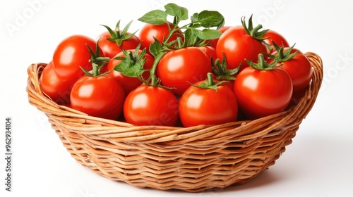 Ripe Red Tomatoes in a Wicker Basket with Green Leaves