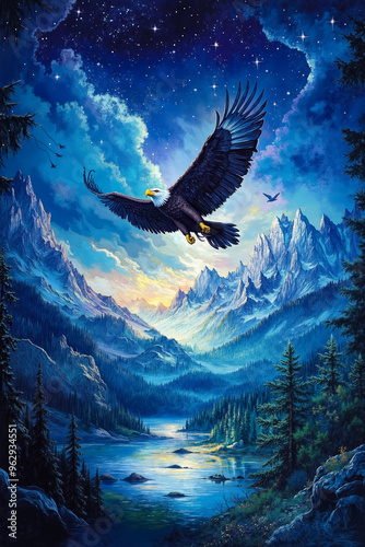 A painting of an eagle flying over a mountain landscape photo