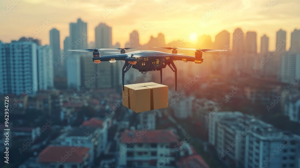 Drone Delivery Service in City Skyline at Sunset Drone Delivery Service in City Skyline at Sunset