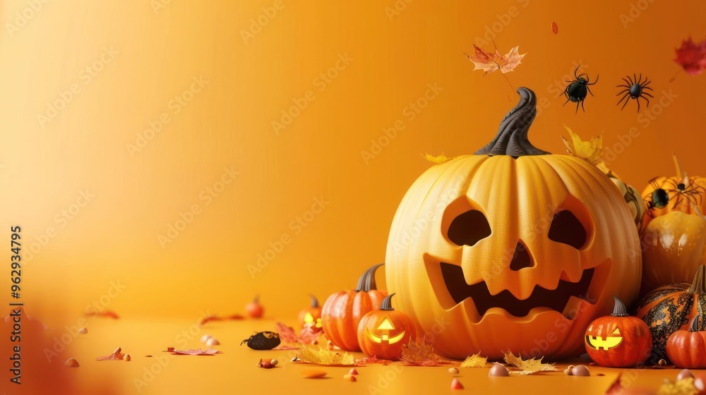 A pumpkin with a spooky smile and autumn leaves in the background, celebrating the fall season. A pumpkin with a spooky smile and autumn leaves in the background, celebrating the fall season.