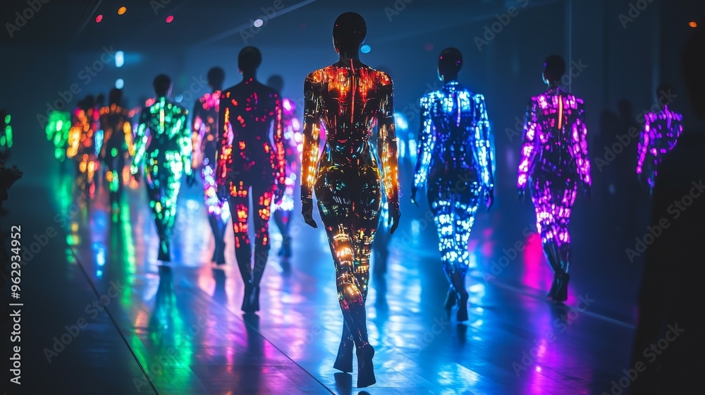 Neon Fashion Show Models in Glowing Outfits Neon Fashion Show Models in Glowing Outfits