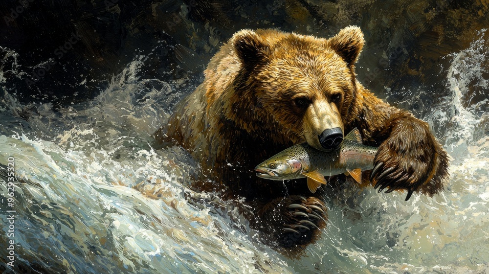 Grizzly Bear Fishing Salmon in River Stream Grizzly Bear Fishing Salmon in River Stream