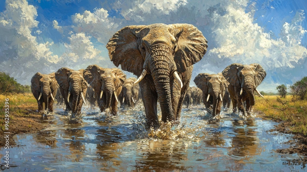 Fototapeta premium African Elephant Herd Walking Through Water
