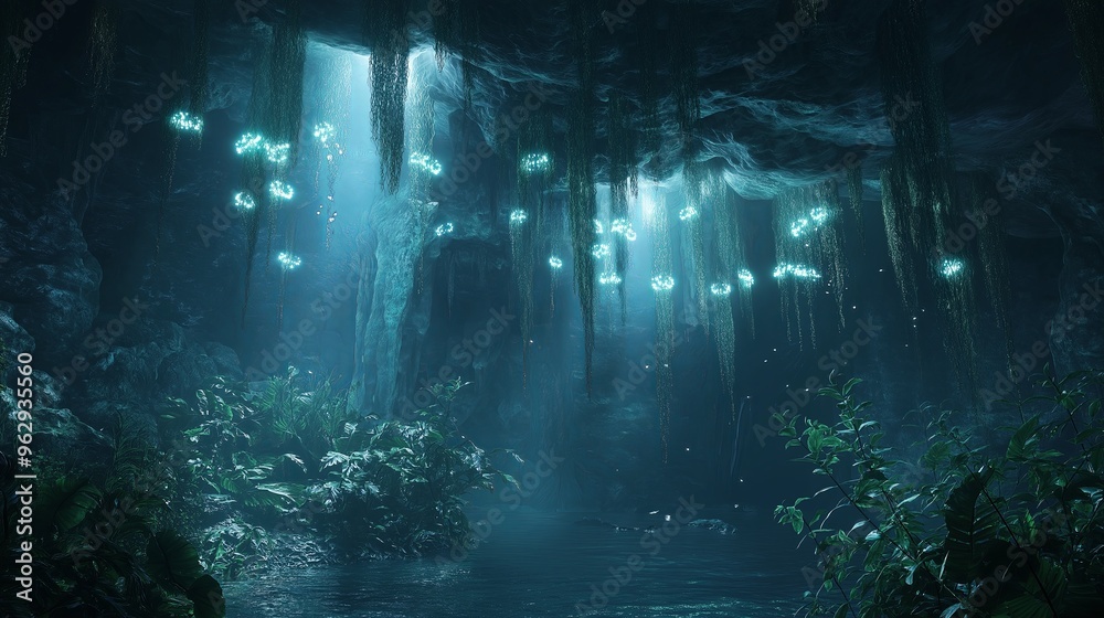 A mystical underwater cavern with glowing bioluminescent plants A mystical underwater cavern with glowing bioluminescent plants
