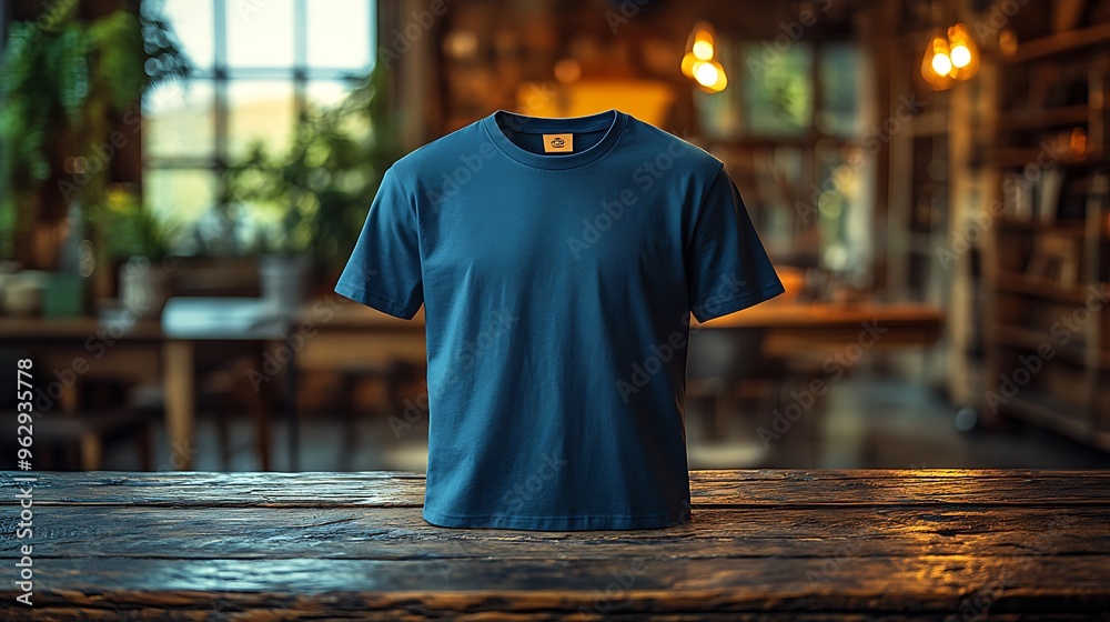A plain blue t-shirt on a wooden table in a rustic setting. A plain blue t-shirt on a wooden table in a rustic setting.