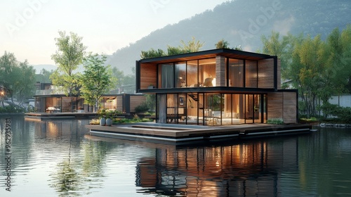Modern Lake House Architecture with Green Roof and Reflections