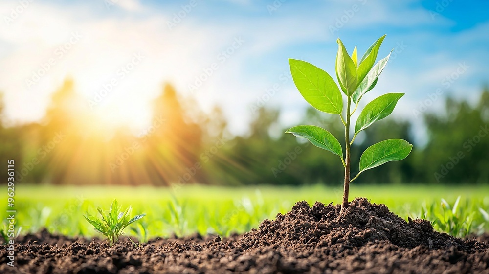 A young green plant emerging from rich soil, symbolizing growth, hope, and the beauty of nature under a radiant sun. A young green plant emerging from rich soil, symbolizing growth, hope, and the beauty of nature under a radiant sun.