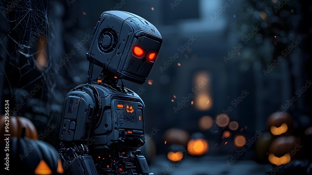A menacing robot with glowing red eyes is surrounded by eerie jack-o'-lanterns in a dark setting. The mood is ominous, enhanced by a webbed backdrop, evoking Halloween vibes. Horrow Halloween A menacing robot with glowing red eyes is surrounded by eerie jack-o'-lanterns in a dark setting. The mood is ominous, enhanced by a webbed backdrop, evoking Halloween vibes. Horrow Halloween