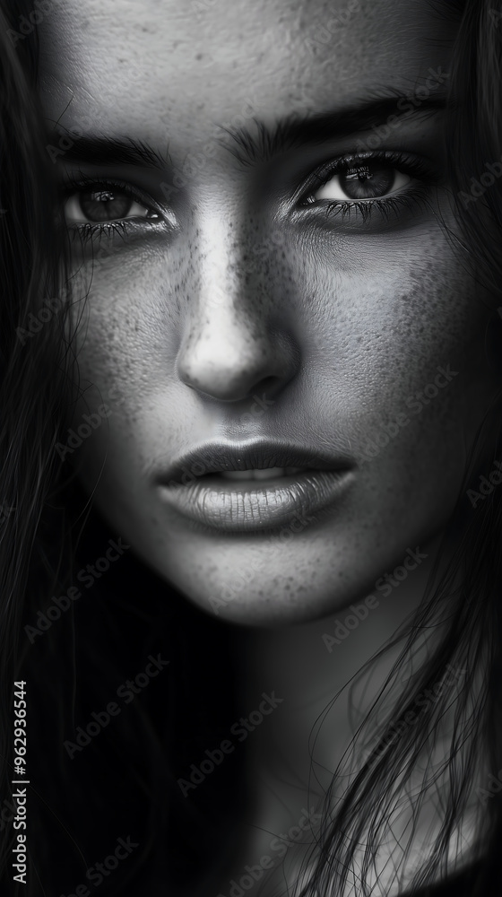 Intense Black and White Close-Up Portrait of a Woman with Piercing Eyes Intense Black and White Close-Up Portrait of a Woman with Piercing Eyes