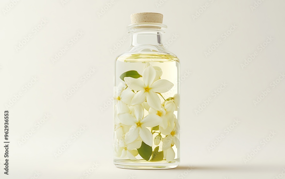 Luxurious Essential Hair Oil with Jasmine Petals in Glass Bottle on White Background for Hair Care Routine Elegance Luxurious Essential Hair Oil with Jasmine Petals in Glass Bottle on White Background for Hair Care Routine Elegance