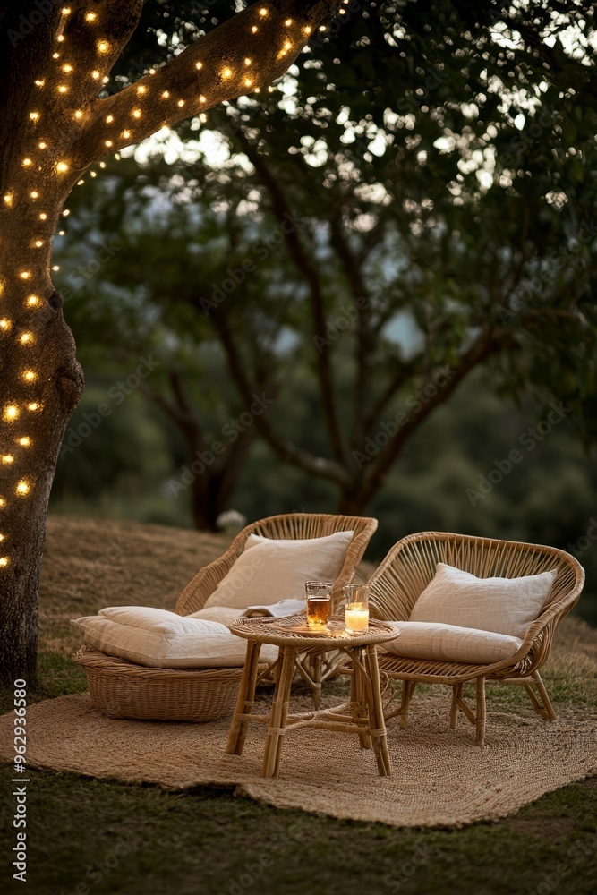 Fototapeta premium A cozy outdoor seating area with string lights, pillows, and a small table with a drink