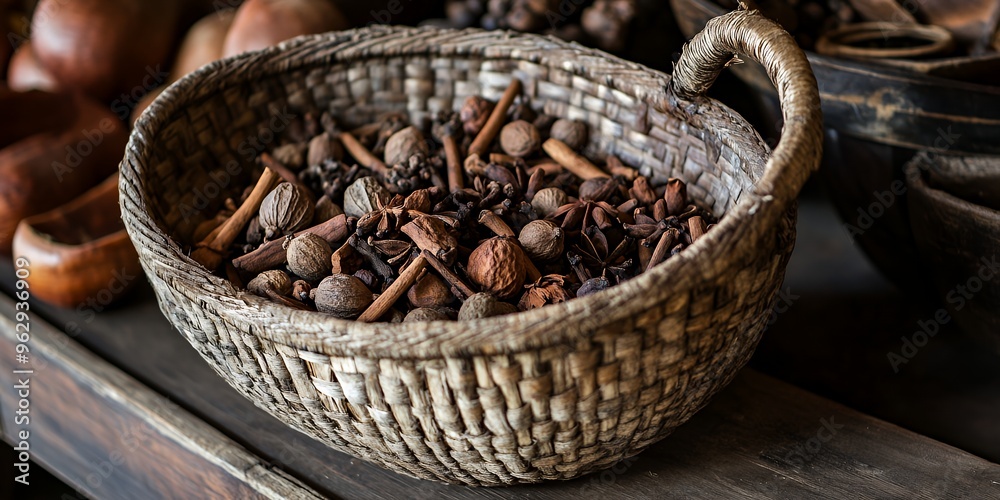 A wicker basket filled with various spices, including cinnamon sticks, star anise, cloves, and nutmeg. A wicker basket filled with various spices, including cinnamon sticks, star anise, cloves, and nutmeg.