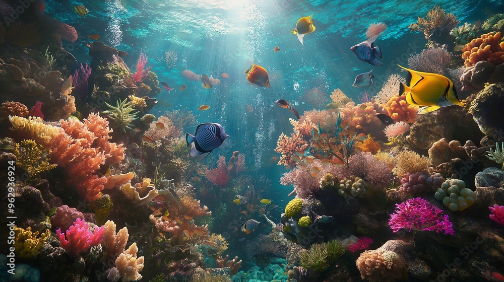 Naklejka premium A Lush Coral Reef Teeming with Exotic Fish and Sea Creatures