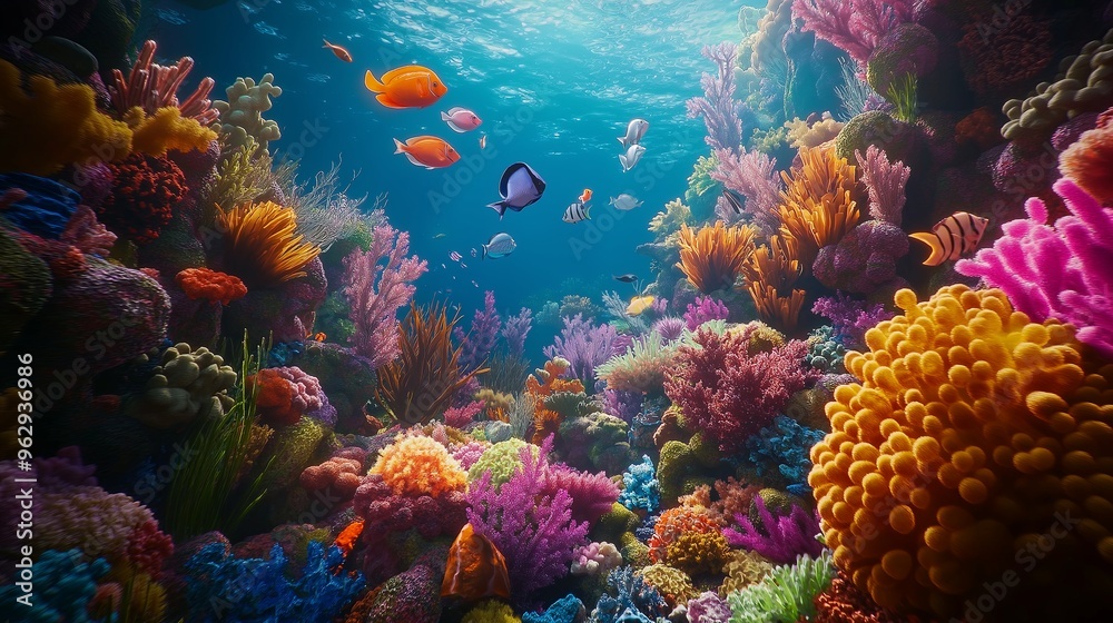 Naklejka premium A Lush Coral Reef Teeming with Exotic Fish and Sea Creatures