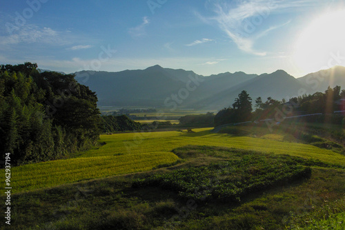 日本の秋の田舎の風景、山に囲まれた田んぼ