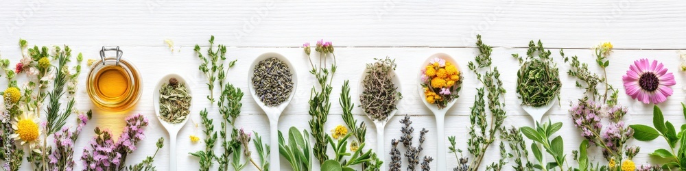 Naturopathy Concept: Herbs, Flowers, and Health on White Wooden Background Naturopathy Concept: Herbs, Flowers, and Health on White Wooden Background