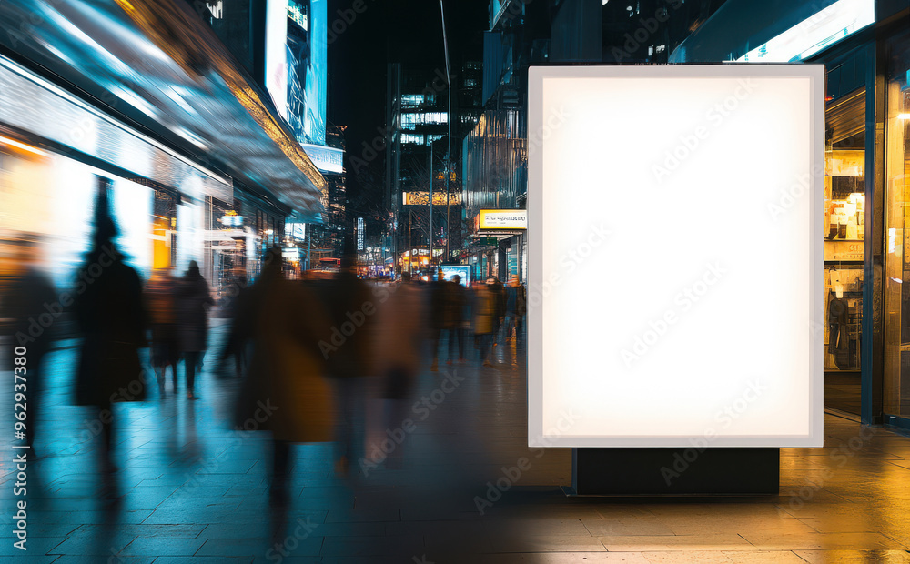 Blank Billboard Advertisement on Busy City Street at Night