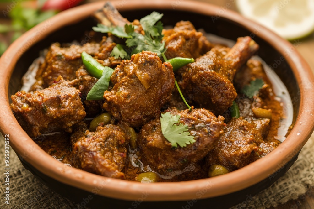 Mutton Dish: Spicy Indian Lamb Bowl with Closeup on Oily & Cholesterol-Rich Delicacy Mutton Dish: Spicy Indian Lamb Bowl with Closeup on Oily & Cholesterol-Rich Delicacy