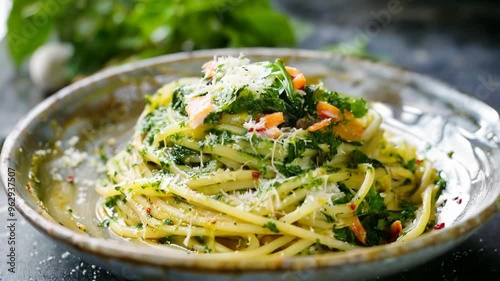 Delicious spaghetti pasta with pesto sauce and parmesan cheese