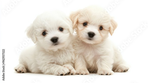 Two Puppies. Adorable Canine Pair Sat on Fluffy White Background