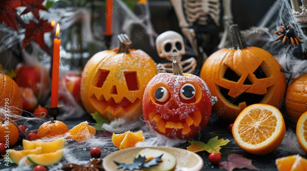 A festive Halloween table display featuring creatively decorated fruit and spooky themed props for a playful atmosphere. A festive Halloween table display featuring creatively decorated fruit and spooky themed props for a playful atmosphere.