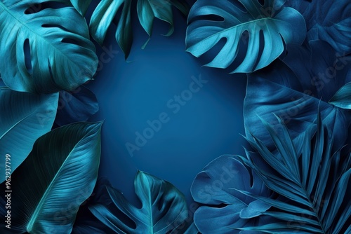 Blue Color. Collection of Tropical Foliage in a Botanical Background with Blank Space