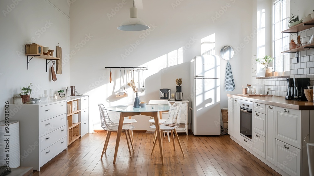A modern style kitchen interior design with a white color scheme. There is a wooden floor, a dining table with chairs, a refrigerator, and other appliances. Sunlight is coming in through a window A modern style kitchen interior design with a white color scheme. There is a wooden floor, a dining table with chairs, a refrigerator, and other appliances. Sunlight is coming in through a window