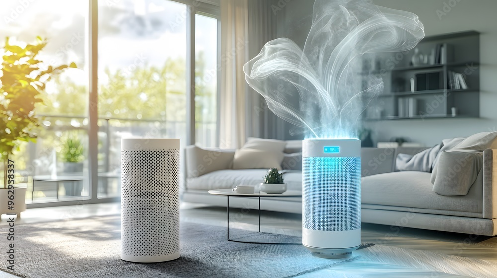 Air purifier with airflow visualization in a smart home, clean tech, healthy living. Air purifier with airflow visualization in a smart home, clean tech, healthy living.