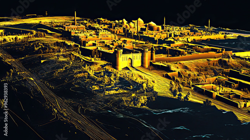 Technical aerial visual, 3D LiDAR GIS aerial map satellite scan model isolated, showing Andijan, Uzbekistan . Elevation, topography, render photo