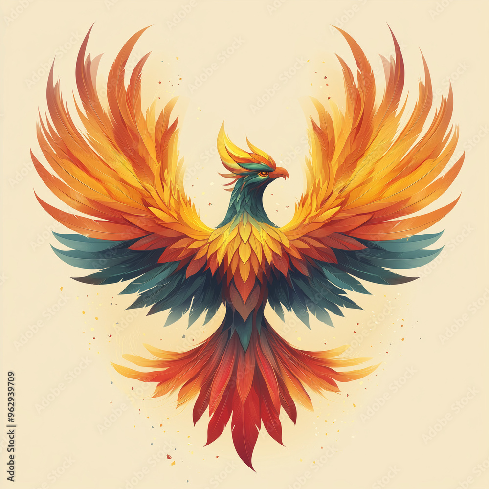 Fototapeta premium Majestic Phoenix Bird with Vibrant Orange and Red Feathers in Full Wing Spread