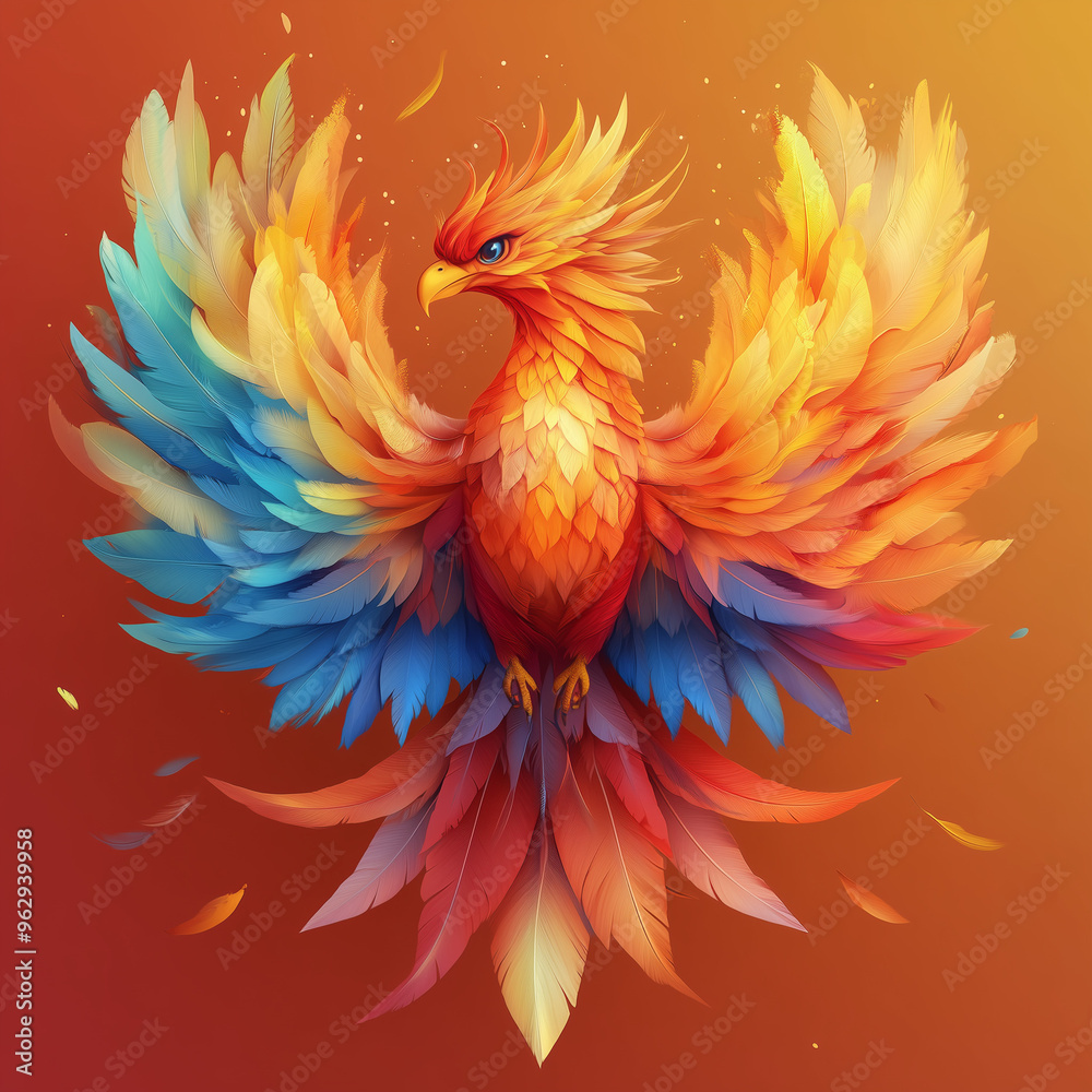 Vibrant Phoenix Bird with Blue and Red Feathers in a Bright Orange Sky Vibrant Phoenix Bird with Blue and Red Feathers in a Bright Orange Sky
