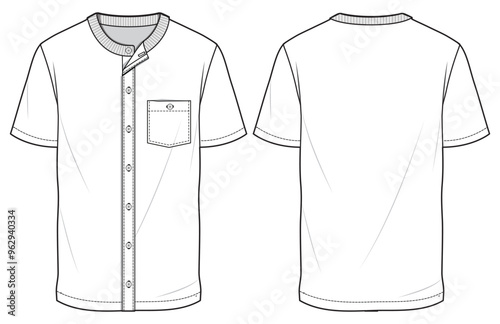Men's Button down Crew neck T Shirt flat sketch fashion illustration drawing template mock up with front and back view, button front round neck t-shirt vector template