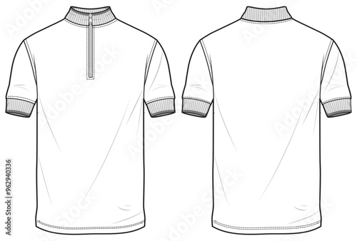 Men's Mandarin collar polo T Shirt with Rib cuff flat sketch fashion illustration drawing template mock up with front and back view. Zip up Chinese collar Knitted polo t shirt