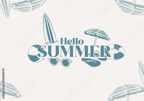 Hand drawn hello summer banner with beach element