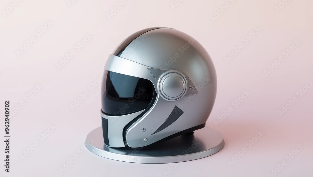 Modern Silver Motorcycle Helmet with Visor on Stand Modern Silver Motorcycle Helmet with Visor on Stand