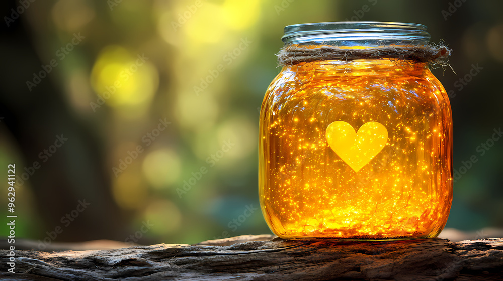 Jar containing honey and a heart shape Jar containing honey and a heart shape