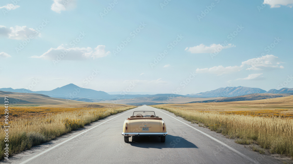 Classic Convertible Car Driving on Rural Road with Mountain Views Classic Convertible Car Driving on Rural Road with Mountain Views