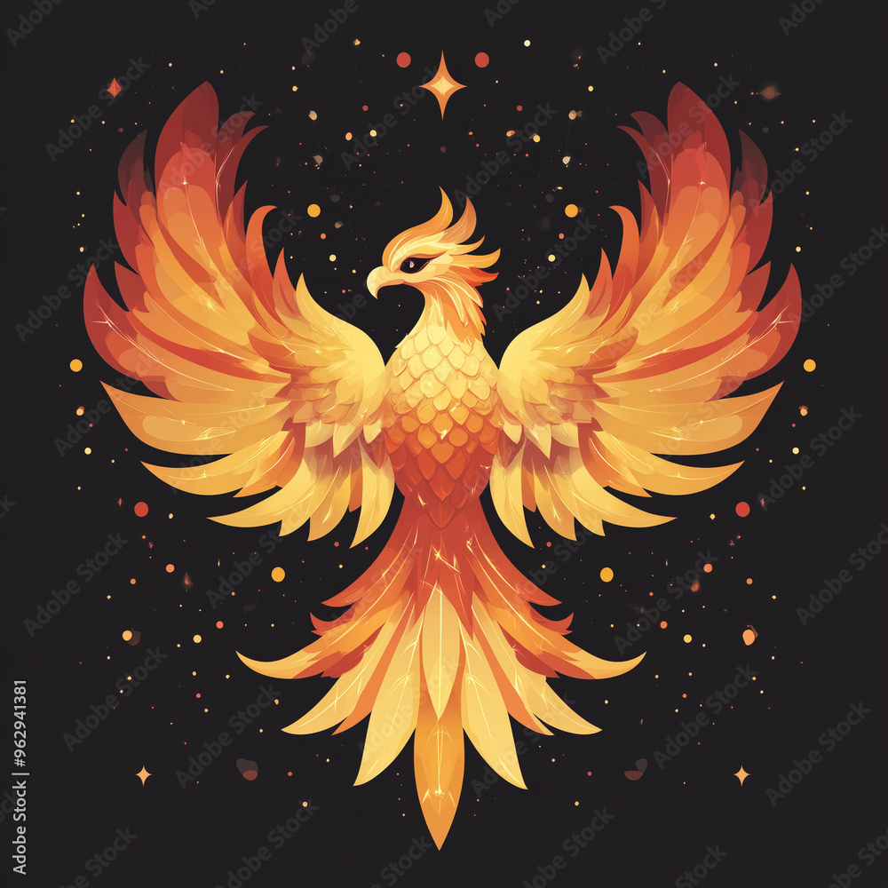 Obraz premium Majestic Golden Phoenix With Outstretched Wings Amidst Stars and Fire Sparkles