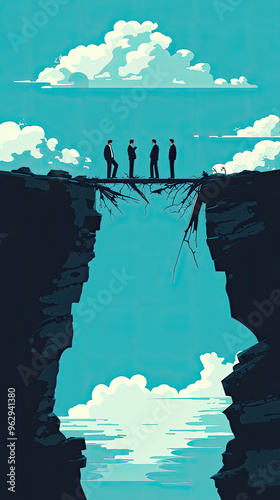 Precarious Progress: Four figures navigate a crumbling bridge, symbolizing the fragility of business ventures. photo