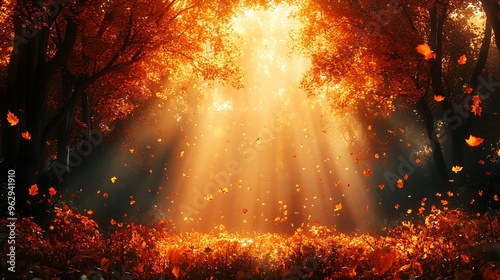 Sunbeams illuminate an autumn forest with falling leaves.