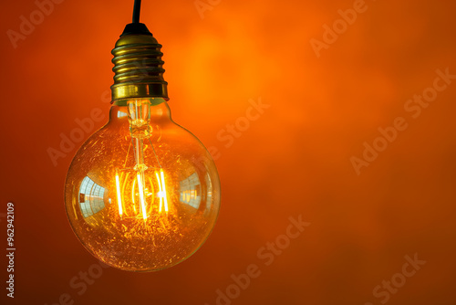 Visualize a vintage Edison light bulb glowing warmly against an orange backdrop, with plenty of copy space for text or additional elements