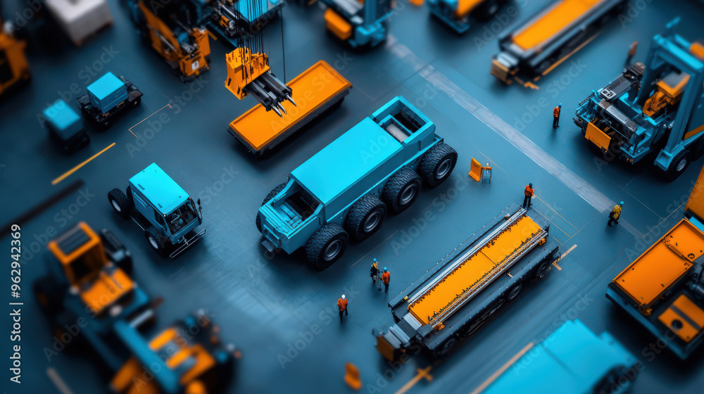 Miniature Construction Vehicles and Workers on a Blue Surface Miniature Construction Vehicles and Workers on a Blue Surface