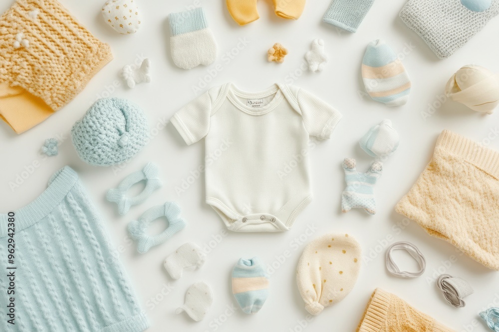 A soft and organized background with baby clothing items, perfect for baby product advertisements
