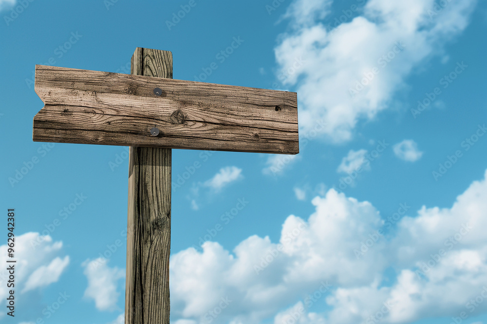 Visualize a wooden signpost set against a backdrop of blue sky adorned with fluffy white clouds Visualize a wooden signpost set against a backdrop of blue sky adorned with fluffy white clouds