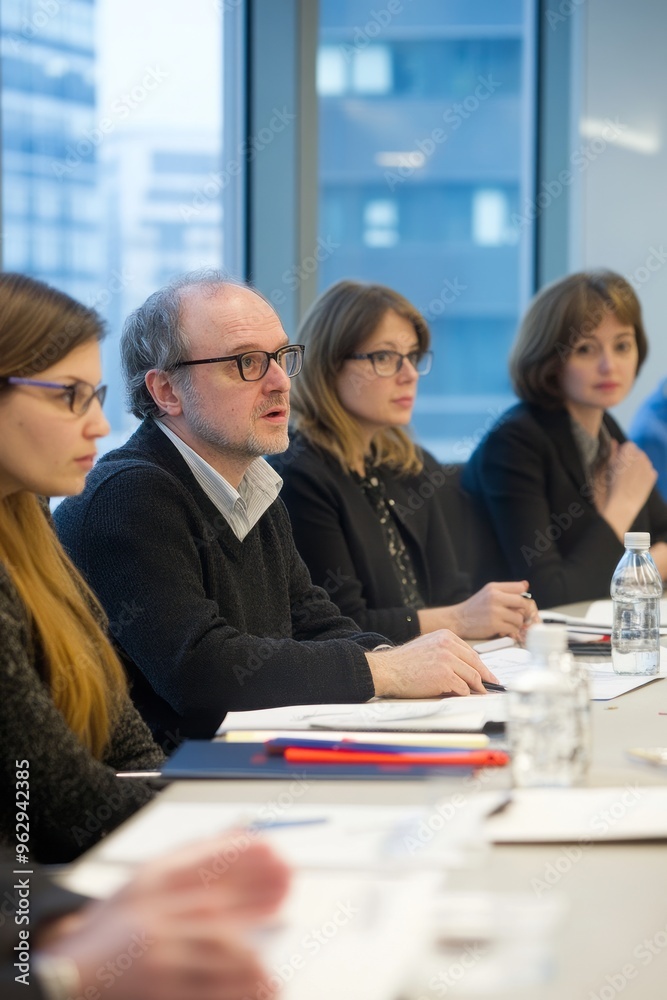 A group of colleagues from different backgrounds sitting around a table, discussing a project A group of colleagues from different backgrounds sitting around a table, discussing a project